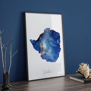 Zimbabwe Map Blue and Gold Wall Art Print