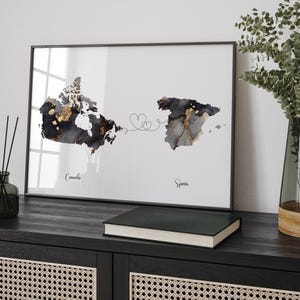 Carte du Canada et de l'Espagne, impression d'art mural de voyage noir et or | Canadienne | Décoration minimaliste | Art du voyage international