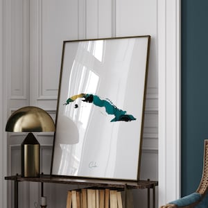 Impresión de arte mural en verde esmeralda y dorado con el mapa de Cuba