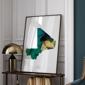 Mapa do Mali em verde esmeralda e impressão de arte de parede dourada