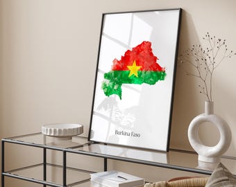 Burkina Faso Watercolour Flag Map Wall Art Print | Burkina Faso Travel Poster