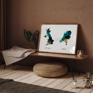 Reino Unido e Holanda Mapa Verde & Dourado Impressão de Arte de Parede de Viagem | Reino Unido | Viagem Mudança de Casa Presente