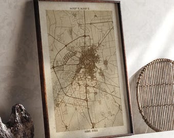 Homs Map | Vintage Beige Detailed Map Print | Syria | Travel Gift