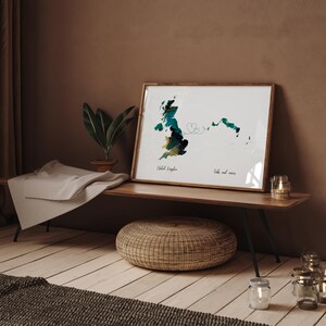 Grossbritannien und Turks- und Caicoskarten Grün & Gold Reise-Wand-Kunstdruck | Vereinigtes Königreich | Reisen Umzug Geschenk