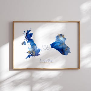 Vereinigtes Königreich und der Iran Karte Blau & Gold Reise Wand Kunst Druck | Vereinigtes Königreich | Reisen Umzug Geschenk