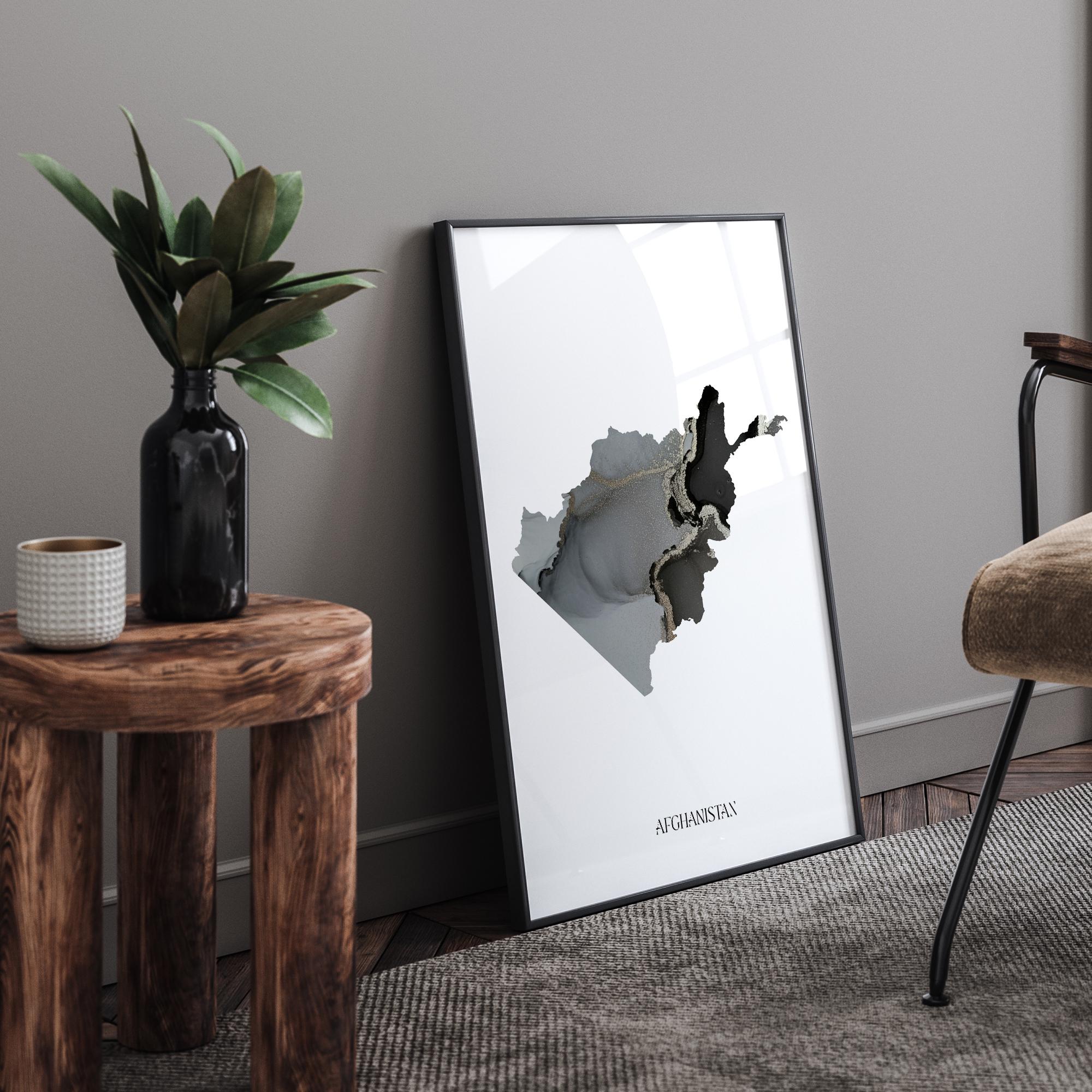 Afghanistan Map Black & Silver Wall Art Print - Etsy