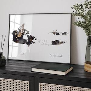 Canadá e Ilhas Virgens Americanas Mapa Preto e Dourado Impressão de Arte de Parede de Viagem | Canadense | Decoração Minimalista | Arte de Viagem Internacional