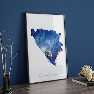 Bosnien und Herzegowina Karte Blau und Gold Wand Kunst Druck