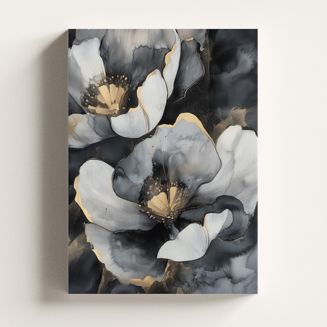Modern Floral Canvas Black and Gold Abstract Flower Wall Art Stylish ...