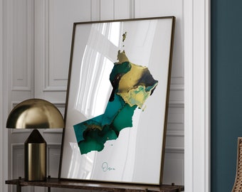 Oman Map Emerald Green and Gold Wall Art Print