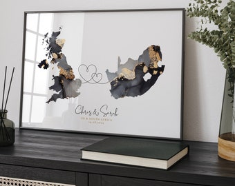 Personalised Map Print | Custom Any Two Countries or US States Map Black & Gold Travel Wall Art Print | Wedding Engagement Anniversary Gift