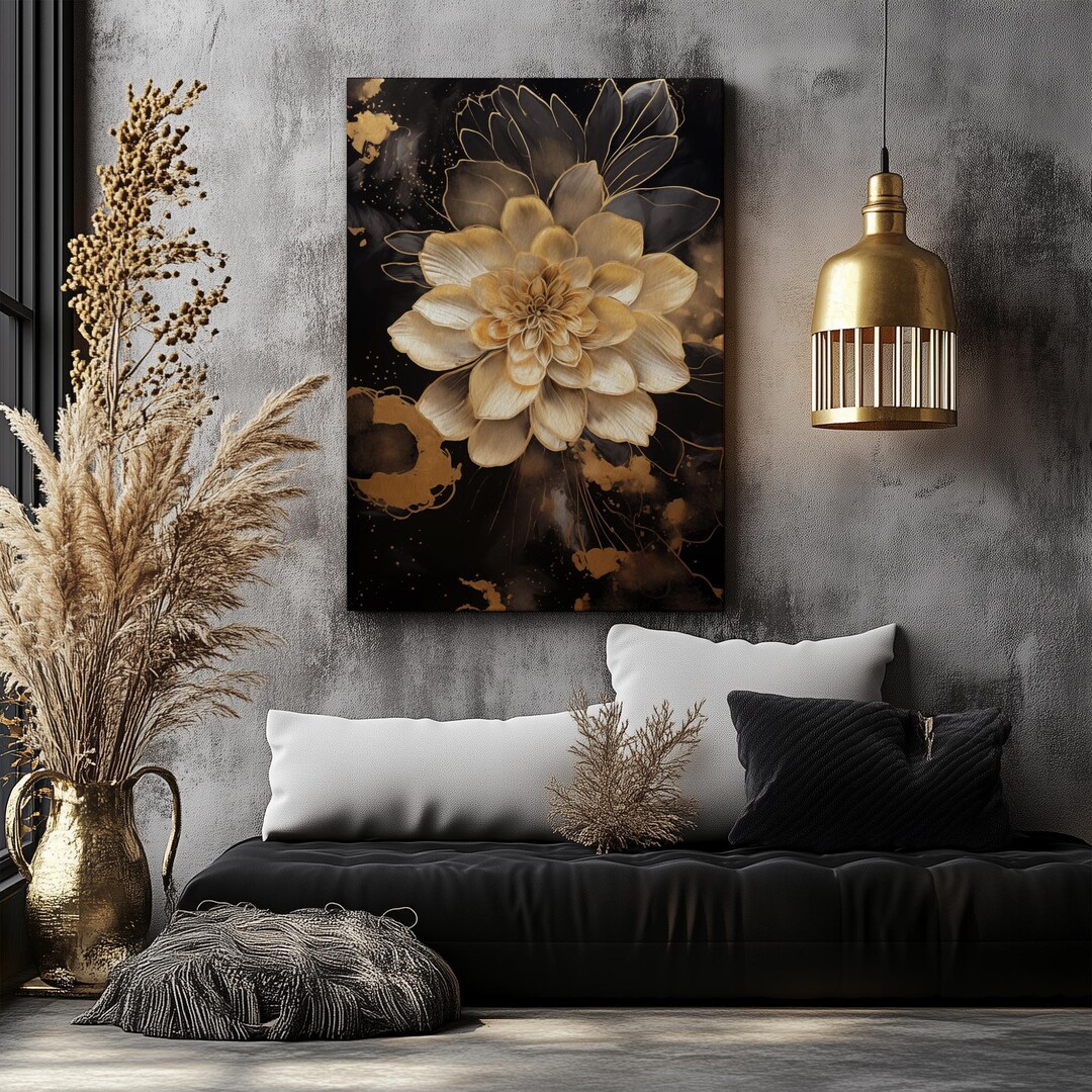 Black and Gold Flower Wall Art | Abstract Floral Canvas | Modern Home ...