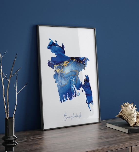 バングラデシュ地図の青と金の壁アートプリント - Etsy 日本