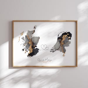 Carte de l'Ecosse et des Pays-Bas, impression d'art mural de voyage noir et or | Écosse | Cadeau déménagement