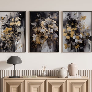 Set of 3 Black & Gold Wall Art | Flowers Theme | Floral Wall Art | Rose ...