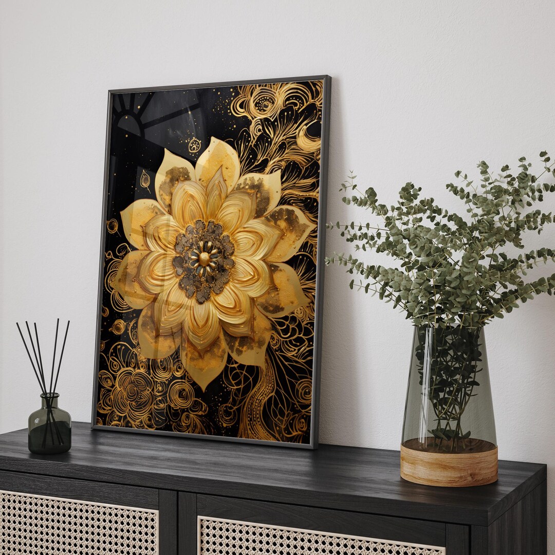 Gold Flower With Black Backgound Wall Art Print | Abstract Floral ...