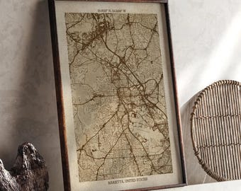 Mapa Marietty w stanie Georgia | Szczegółowy wydruk mapy w beżowym kolorze vintage | Sztuka ścienna Stanów Zjednoczonych | Prezent podróżny