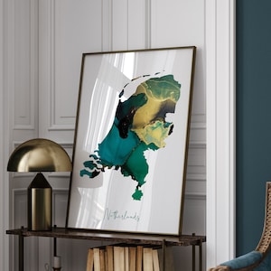 Impression d'art murale carte des Pays-Bas vert émeraude et or