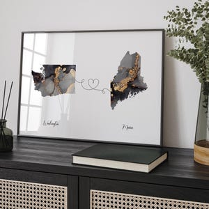 Kaart van Washington en Maine zwart en goud reizen muurkunst print | Washington | Cadeau voor op reis verhuizen