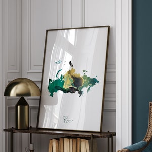 Impresión de arte mural en verde esmeralda y dorado con el mapa de Rusia