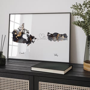 Kaart Canada en Turkije zwart-gouden reiskunst aan de muur | Canadees | Minimalistisch decor | Internationale reiskunst