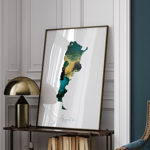 Impresión de arte mural en verde esmeralda y dorado con el mapa de Argentina