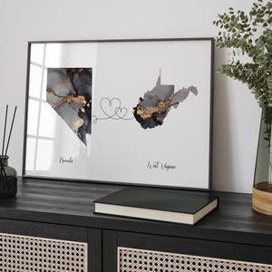 Nevada e West Virginia Mappa Black & Gold Travel Wall Art Print / Nevada / Viaggio Trasloco Regalo Casa