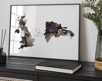 Britain and Dominican Republic Map Black & Gold Travel Wall Art Print | United Kingdom | UK