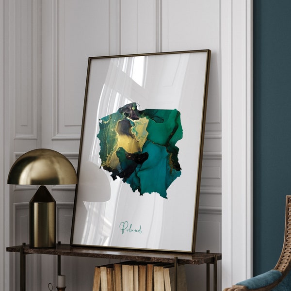 Poland Map Emerald Green and Gold Wall Art Print