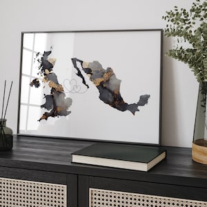 Impresión de arte mural de viaje en negro y dorado con mapa de Gran Bretaña y México / Reino Unido / Reino Unido