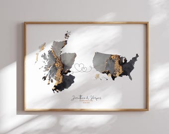 Scotland  and USA Map Black & Gold Travel Wall Art Print | Scotland | Travel Moving Home Gift
