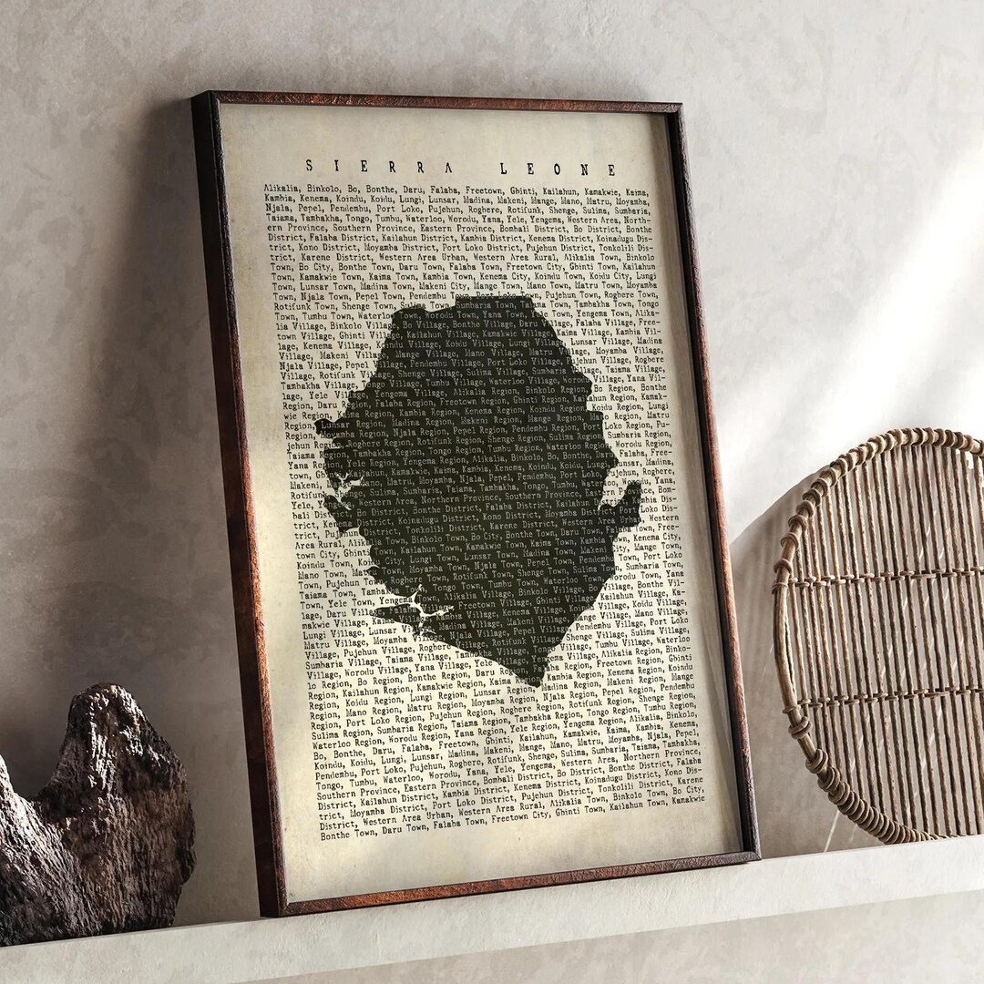 Sierra Leone Map | Vintage Beige Typography Map With City Names ...