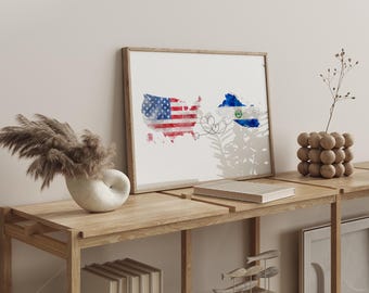 Impression d'art murale carte drapeau aquarelle des États-Unis au Salvador | Cadeau d'anniversaire de déménagement des États-Unis d'Amérique au Salvador