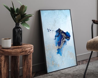 Ecuador Map Shades of Blue & Silver Wall Art Print