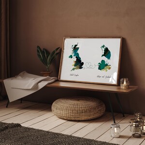 Großbritannien und Antigua und Barbuda Karte Grün & Gold Reise Wand Kunst Druck | Vereinigtes Königreich | Reisen Umzug Geschenk