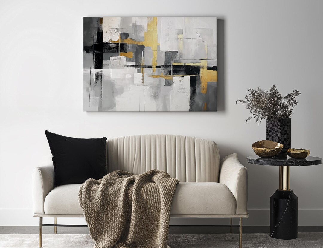 Grey, Black & Gold Abstract Canvas Wall Art | Modern Geometric Decor - Etsy