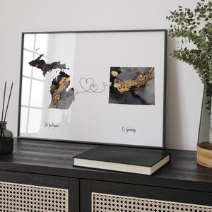 Carte du Michigan et du Wyoming, impression d'art mural de voyage noir et or | Michigan | Cadeau déménagement
