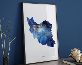 Impresión de arte mural en azul y dorado con el mapa de Irán