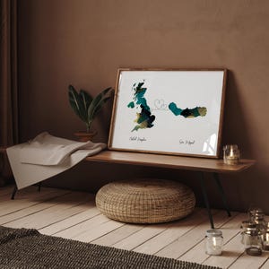 Großbritanien und Sao Miguel Map Green & Gold Travel Wall Art Print | Vereinigtes Königreich | Reisen Umzug Geschenk