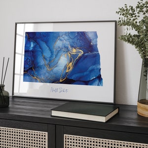 North Dakota Karte Blau und Gold Wand Kunst Druck | US Bundesstaat | Vereinigte Staaten von Amerika | USA
