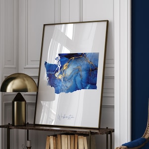 Blauwe en gouden muurkunstdruk Washington kaart | Amerikaanse staat | Verenigde Staten van Amerika | VS