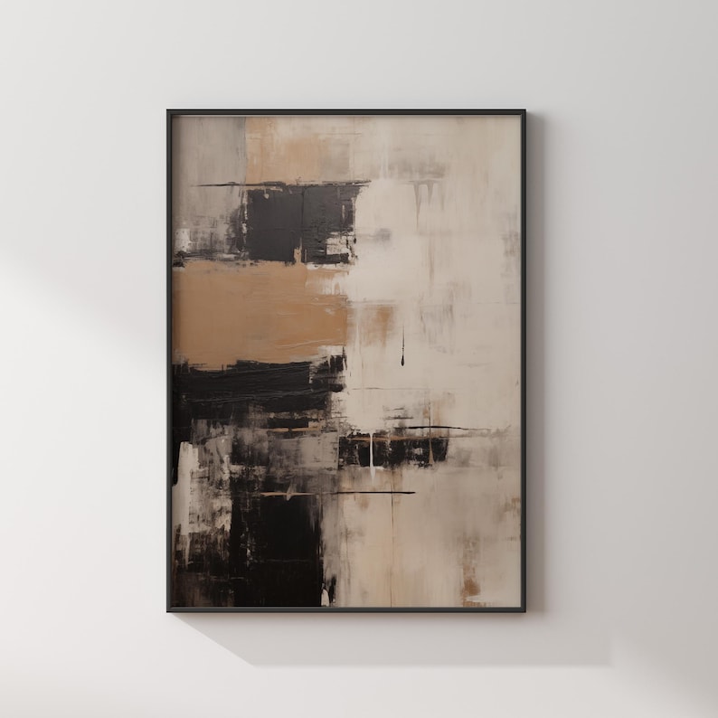 May include: Abstract painting in a black frame with shades of brown, black, and white. The painting has a textured look and is a modern style.