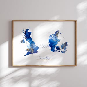 Großbritanien und Dänemark Karte Blau & Gold Reise Wand Kunst Druck | Vereinigtes Königreich | Reisen Umzug Geschenk