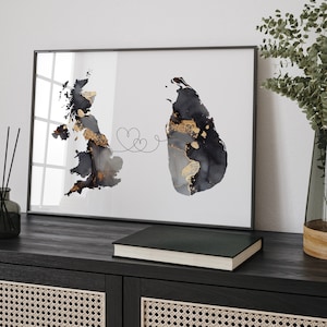 Großbritanien und Sri Lanka Karte Schwarz & Gold Reise Wand Kunst Druck | Vereinigtes Königreich | Großbritanien