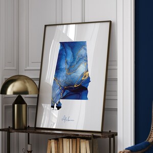 Carte de l'Alabama, impression d'art mural bleu et or | État américain | États-Unis d'Amérique | Etats-Unis