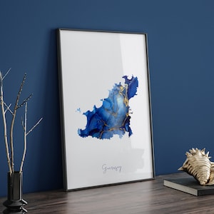 Guernsey Map Blau-Goldener Wandkunst-Druck (24PU)