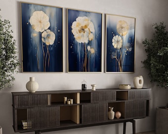 Arte de pared con diente de león en azul marino y dorado / Juego de 3 piezas de decoración de habitación en azul marino