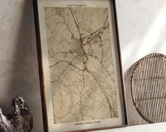 Concord, New Hampshire Map | Vintage Beige Detailed Map Print | United States Wall Art | Travel Gift