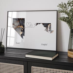 Carte du Nevada et du Maryland, impression d'art mural de voyage noir et or | Névada | Cadeau déménagement