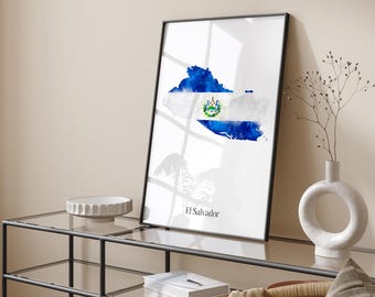 Impresión de arte mural con el mapa de la bandera de acuarela de El Salvador / Póster de viaje de El Salvador
